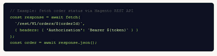 An image showing a code snippet in a dark-themed text editor. The code is written in JavaScript and demonstrates how to fetch order status using the Magento REST API.
