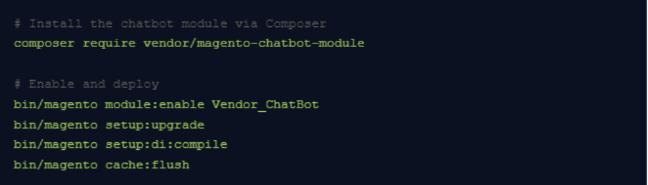 The image displays a series of terminal commands for installing and enabling a chatbot module in a Magento environment.